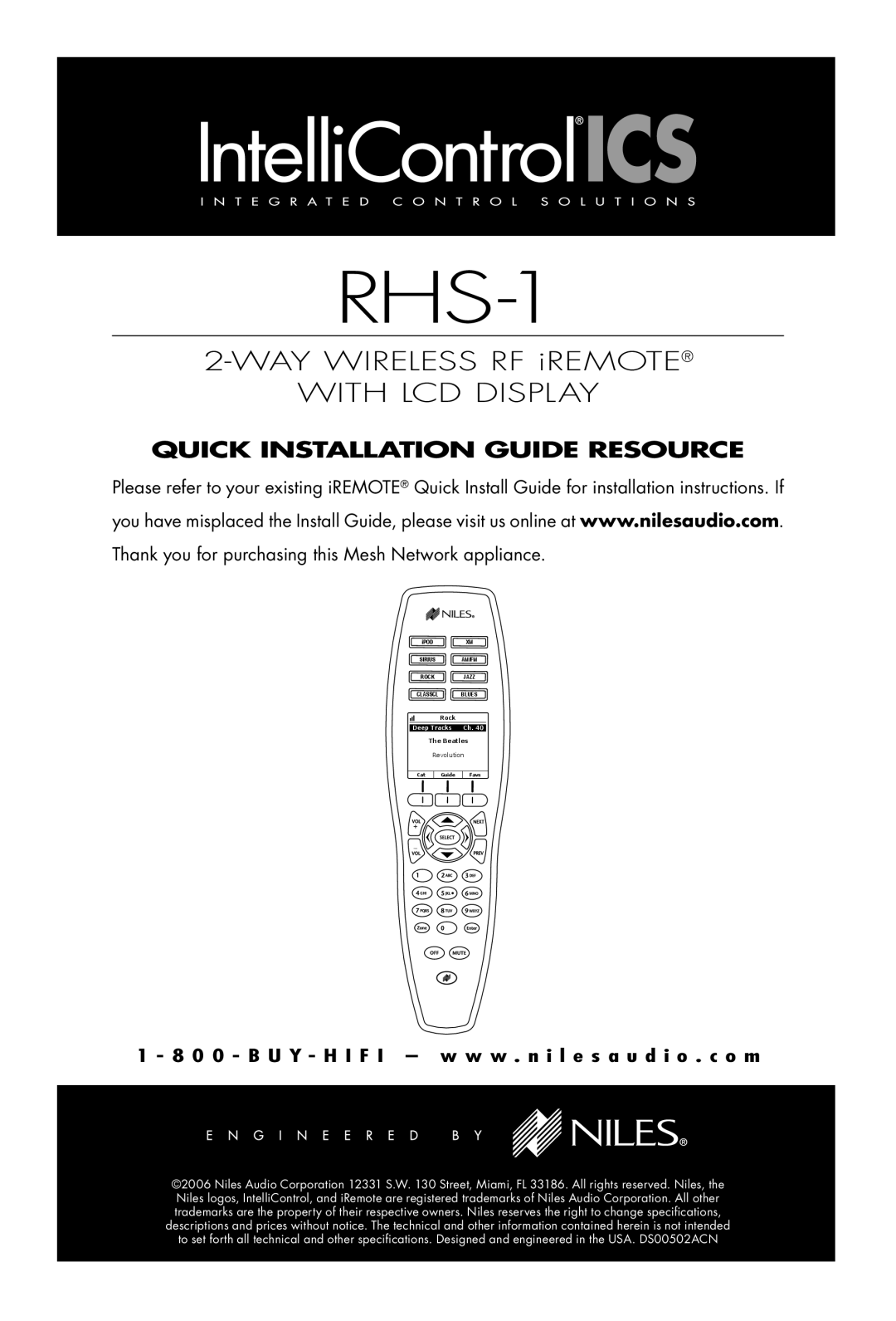 Niles Audio RHS-1 installation instructions With LCD Display, Quick Installation Guide Resource 