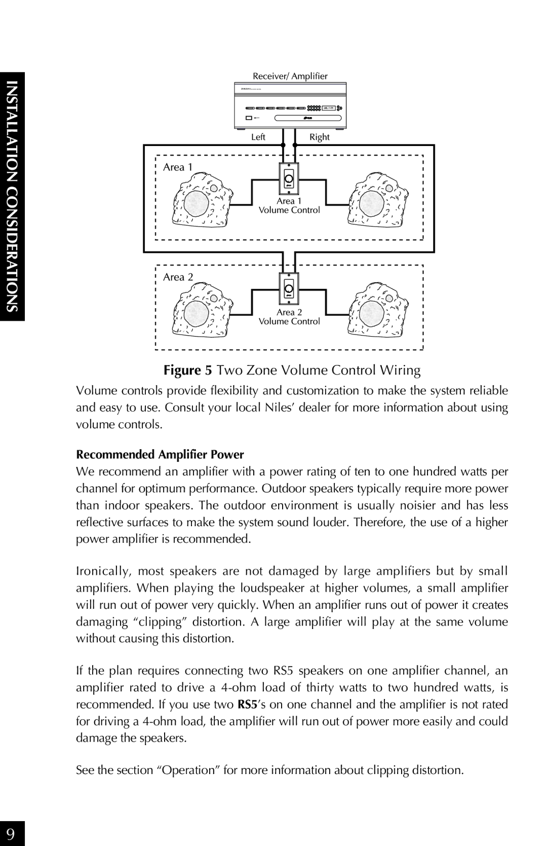 Niles Audio RS 5s manual Two Zone Volume Control Wiring, Recommended Amplifier Power 