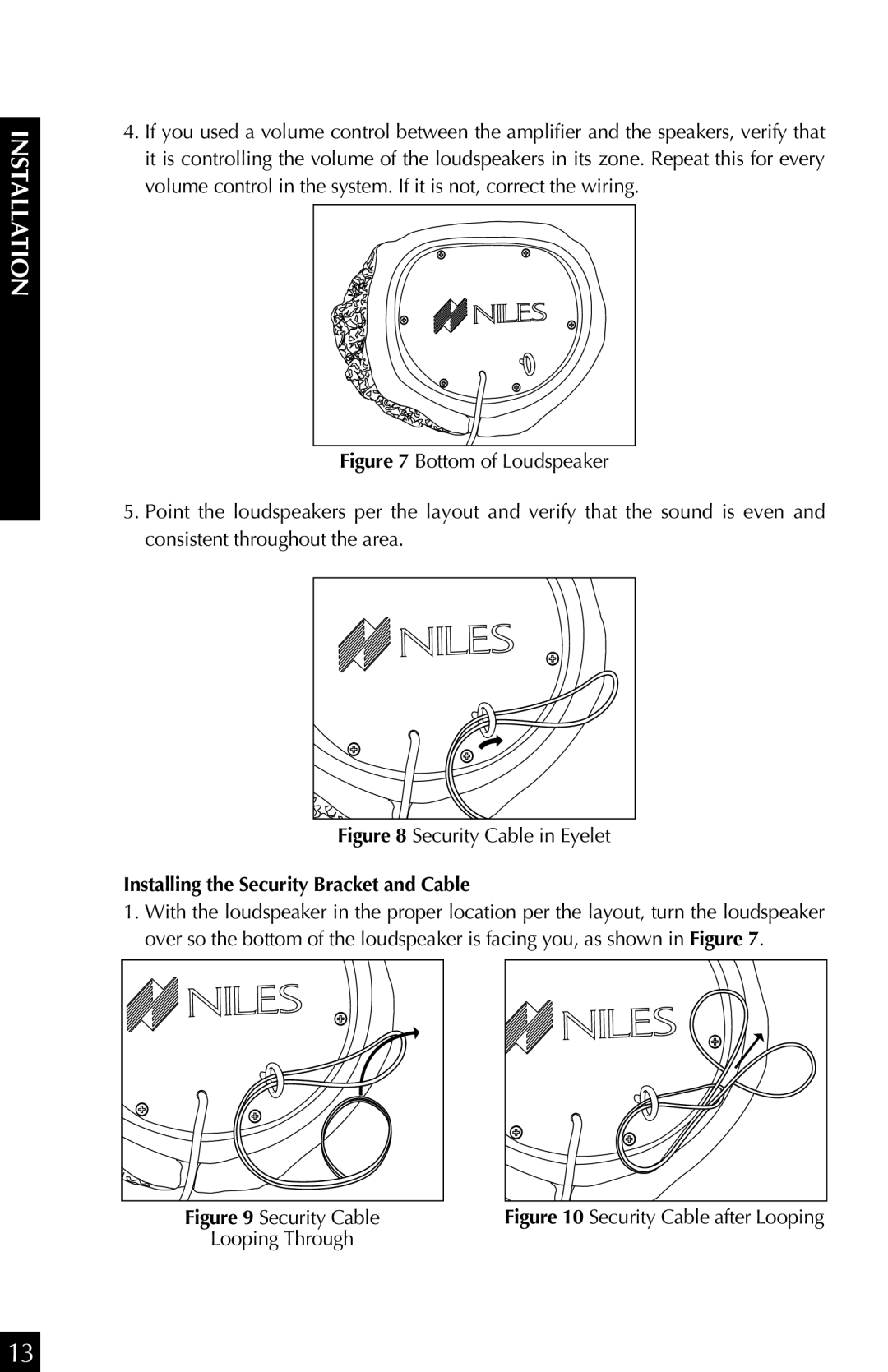 Niles Audio RS 5s manual Security Cable in Eyelet, Installing the Security Bracket and Cable 