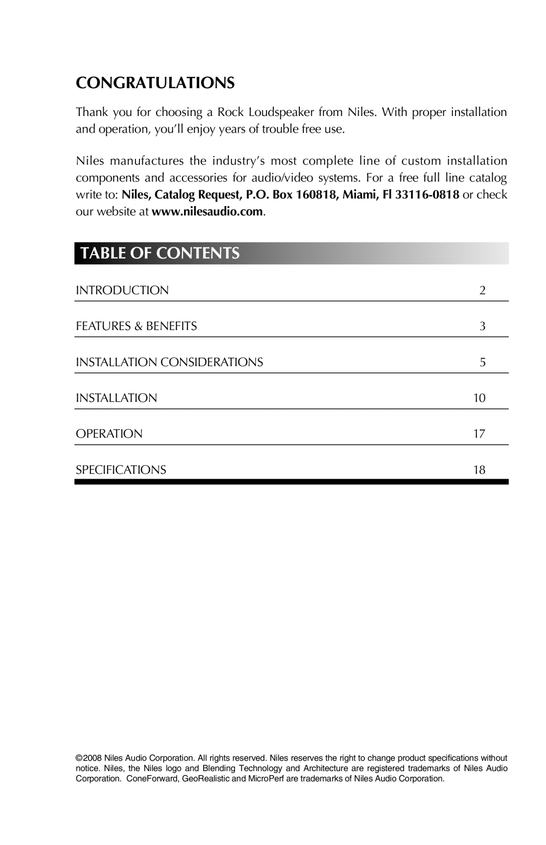 Niles Audio RS 5s manual Table of Contents 