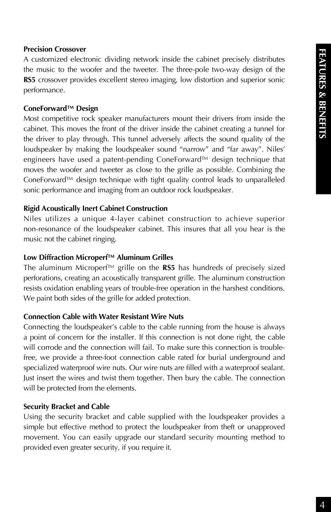 Niles Audio RS 5s manual Precision Crossover, ConeForward Design, Rigid Acoustically Inert Cabinet Construction 