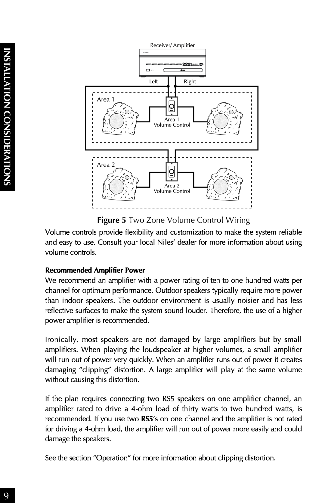 Niles Audio RS 5s manual Installation Considerations, Two Zone Volume Control Wiring, Recommended Amplifier Power 