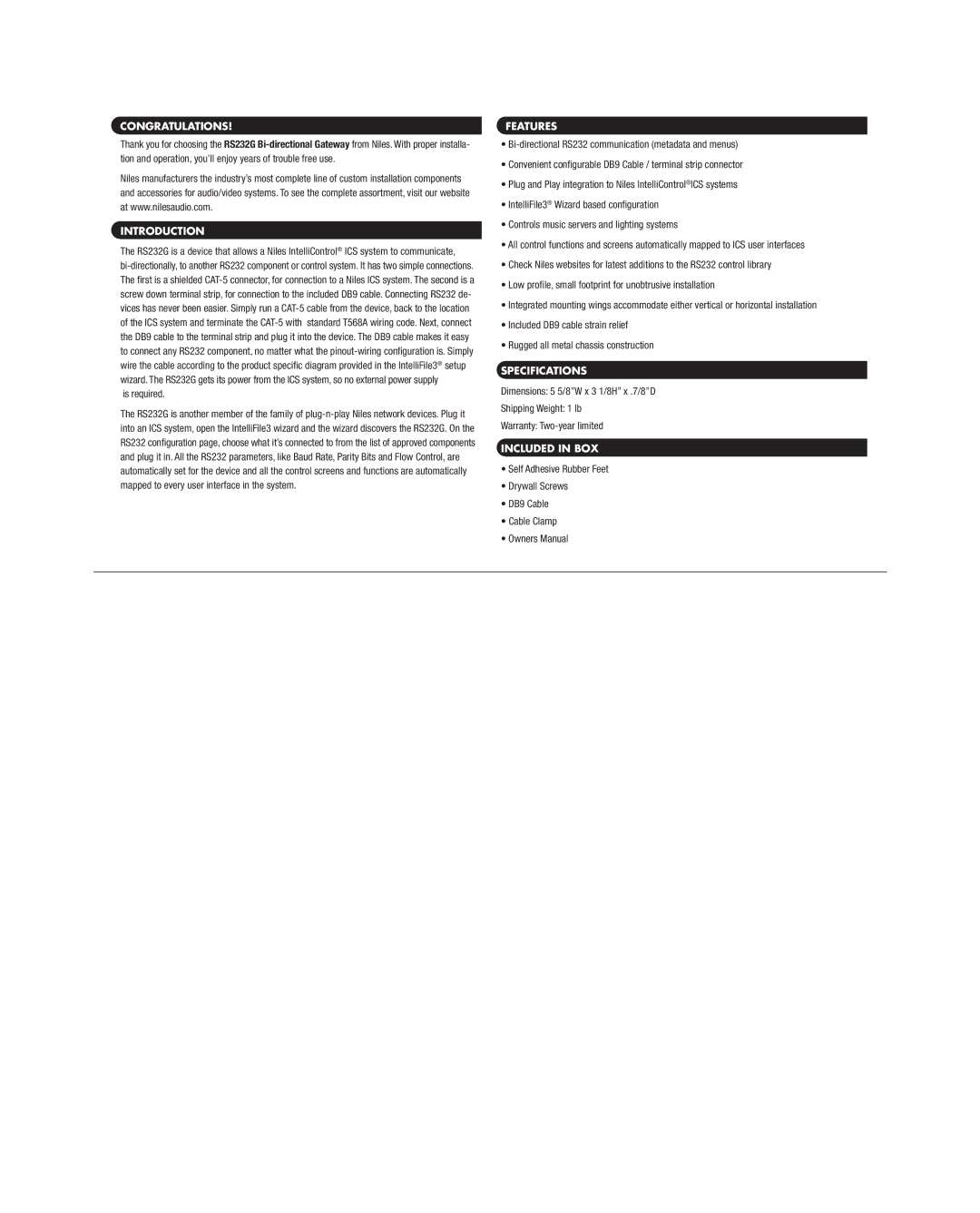 Niles Audio RS232G specifications Specifications 