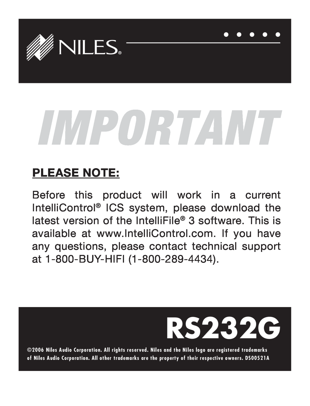 Niles Audio RS232G specifications Please Note 
