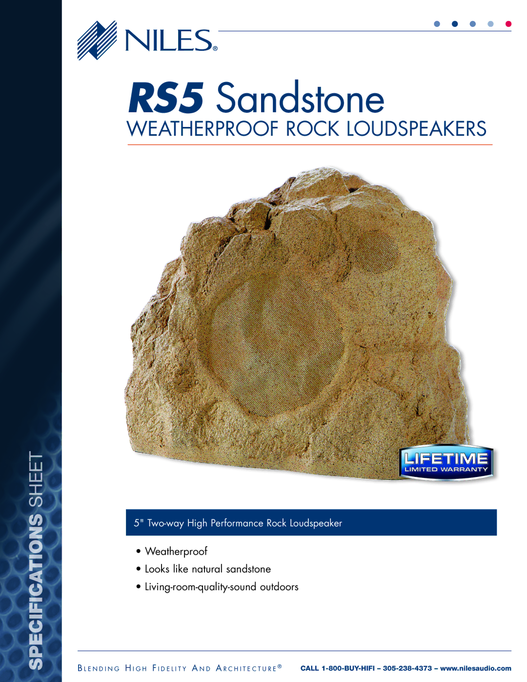 Niles Audio RS5 Sandstone specifications Weatherproof rock loudspeakers, Specifications Sheet 