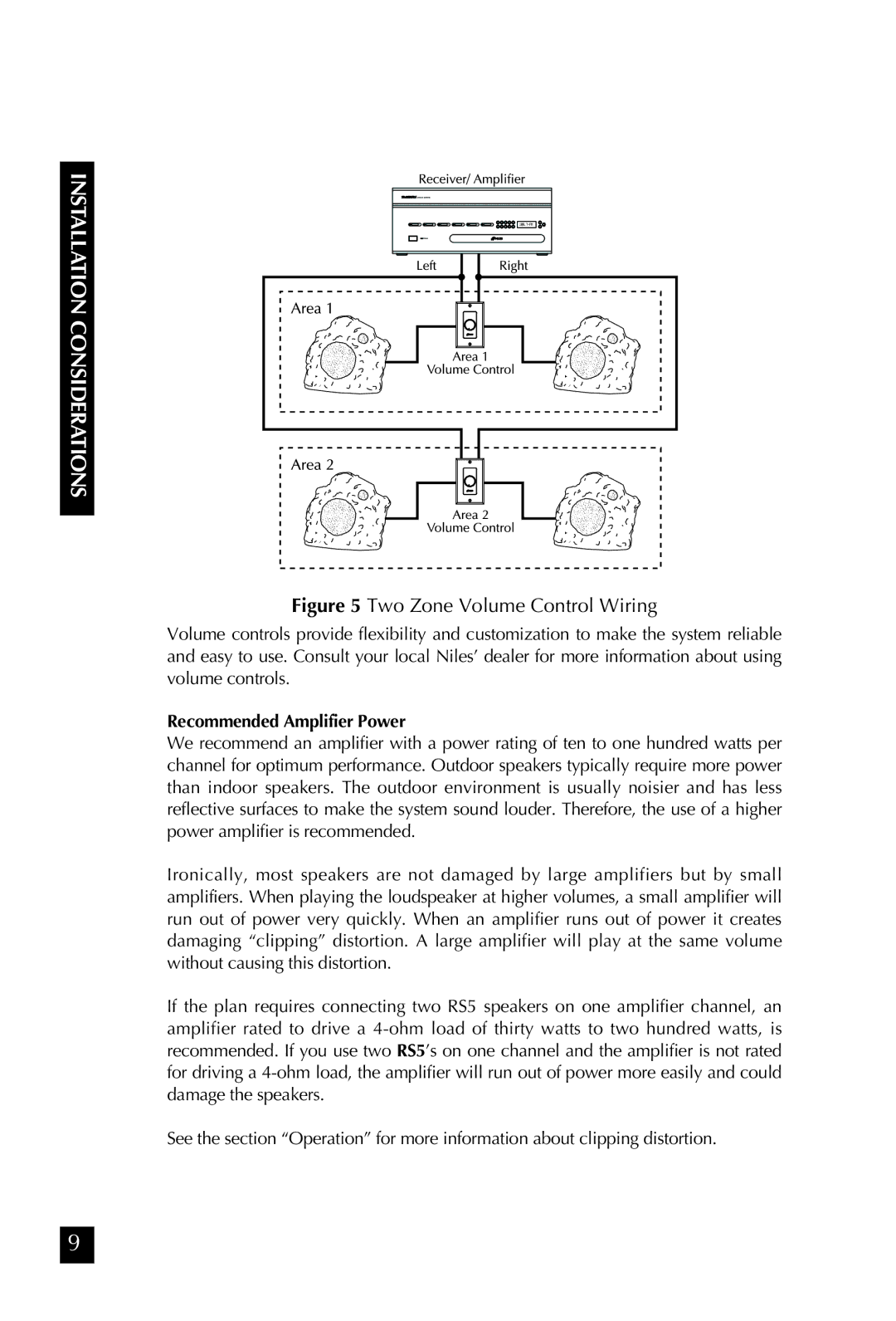 Niles Audio RS5 manual Two Zone Volume Control Wiring, Recommended Amplifier Power 