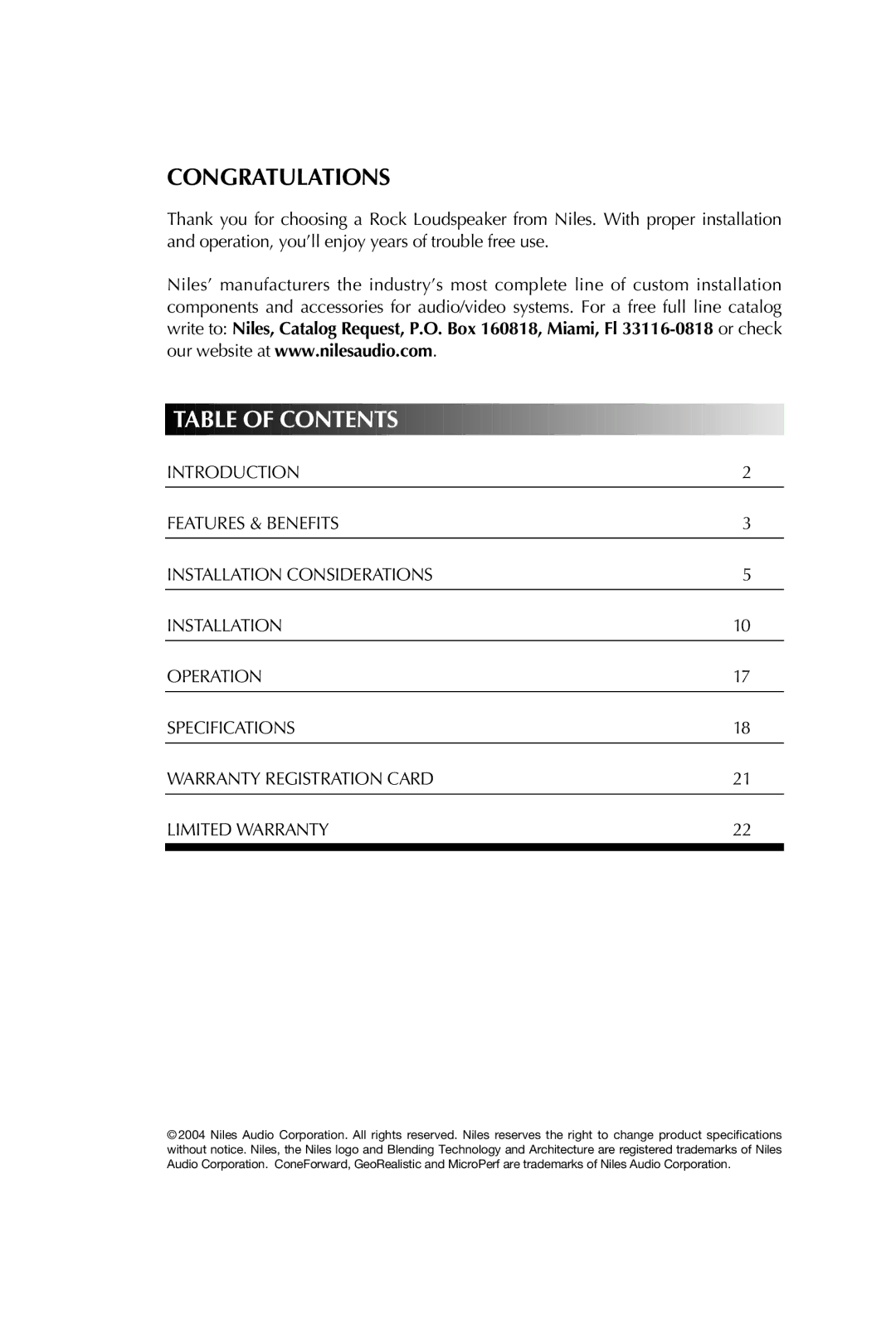 Niles Audio RS5 manual Congratulations, Table of Contents 