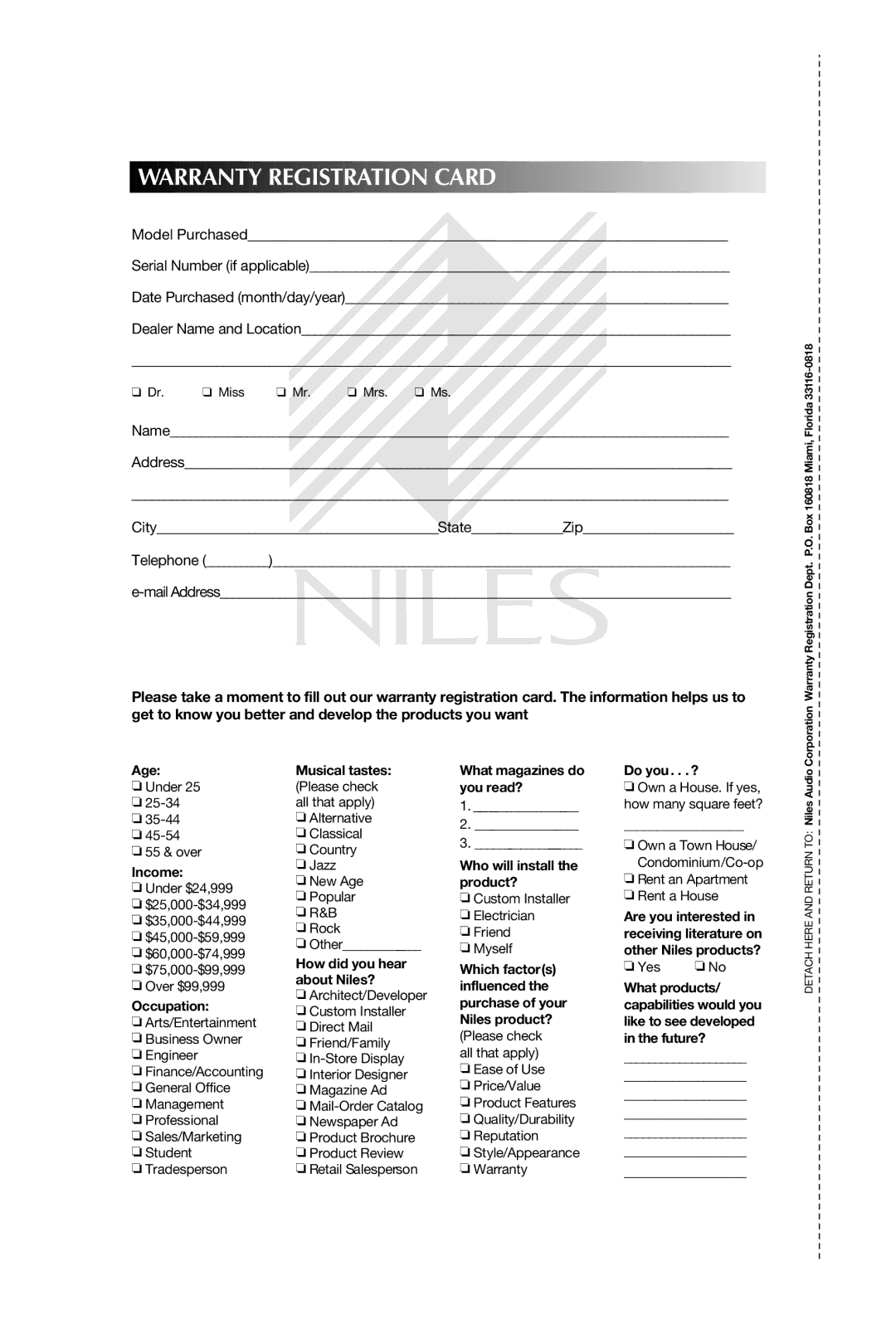 Niles Audio RS5 manual Warranty Registration Card, Product? 