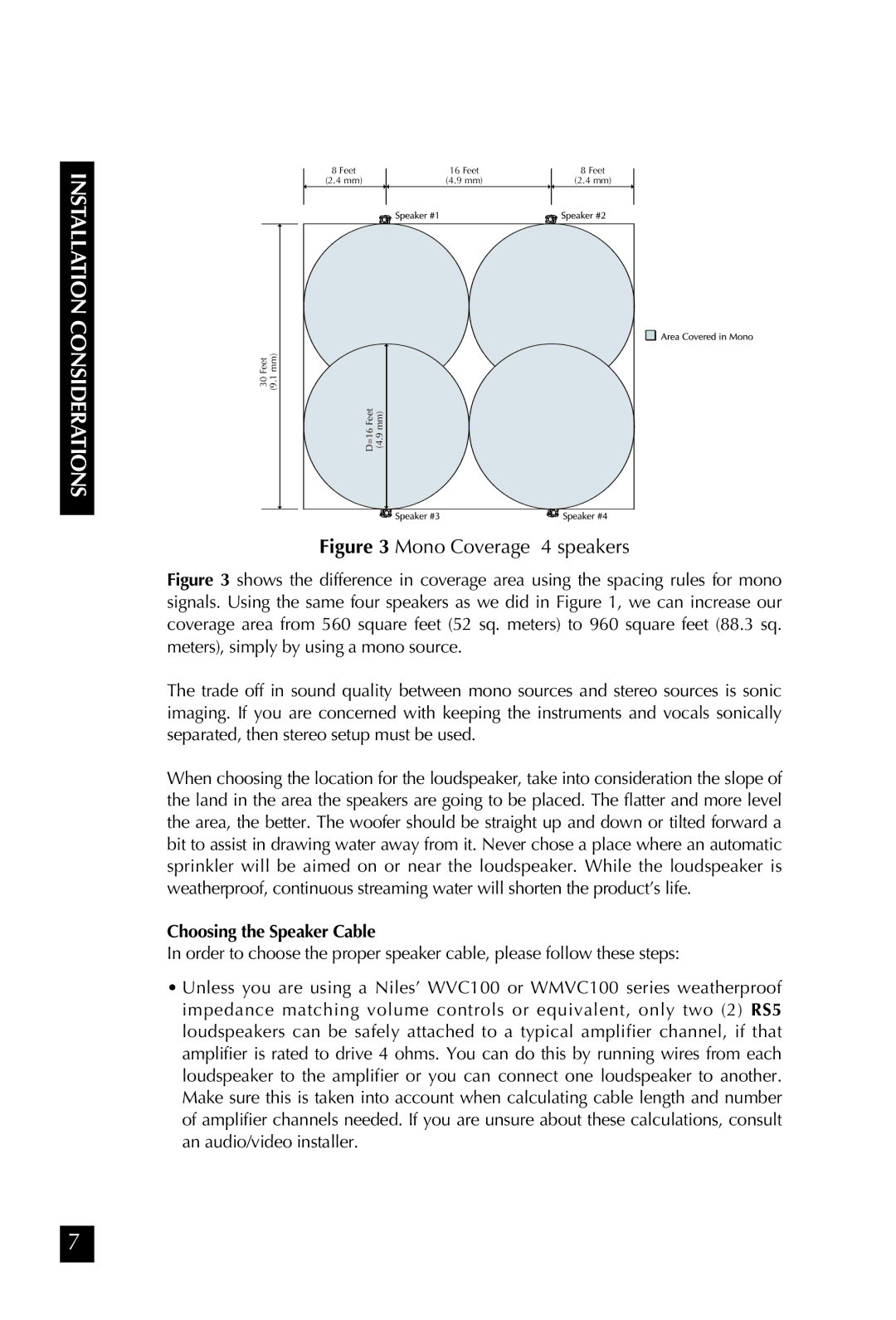 Niles Audio RS5 manual Mono Coverage 4 speakers, Choosing the Speaker Cable 