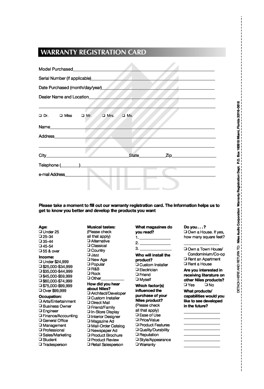 Niles Audio RS5 manual Warrantyregistrationcard 