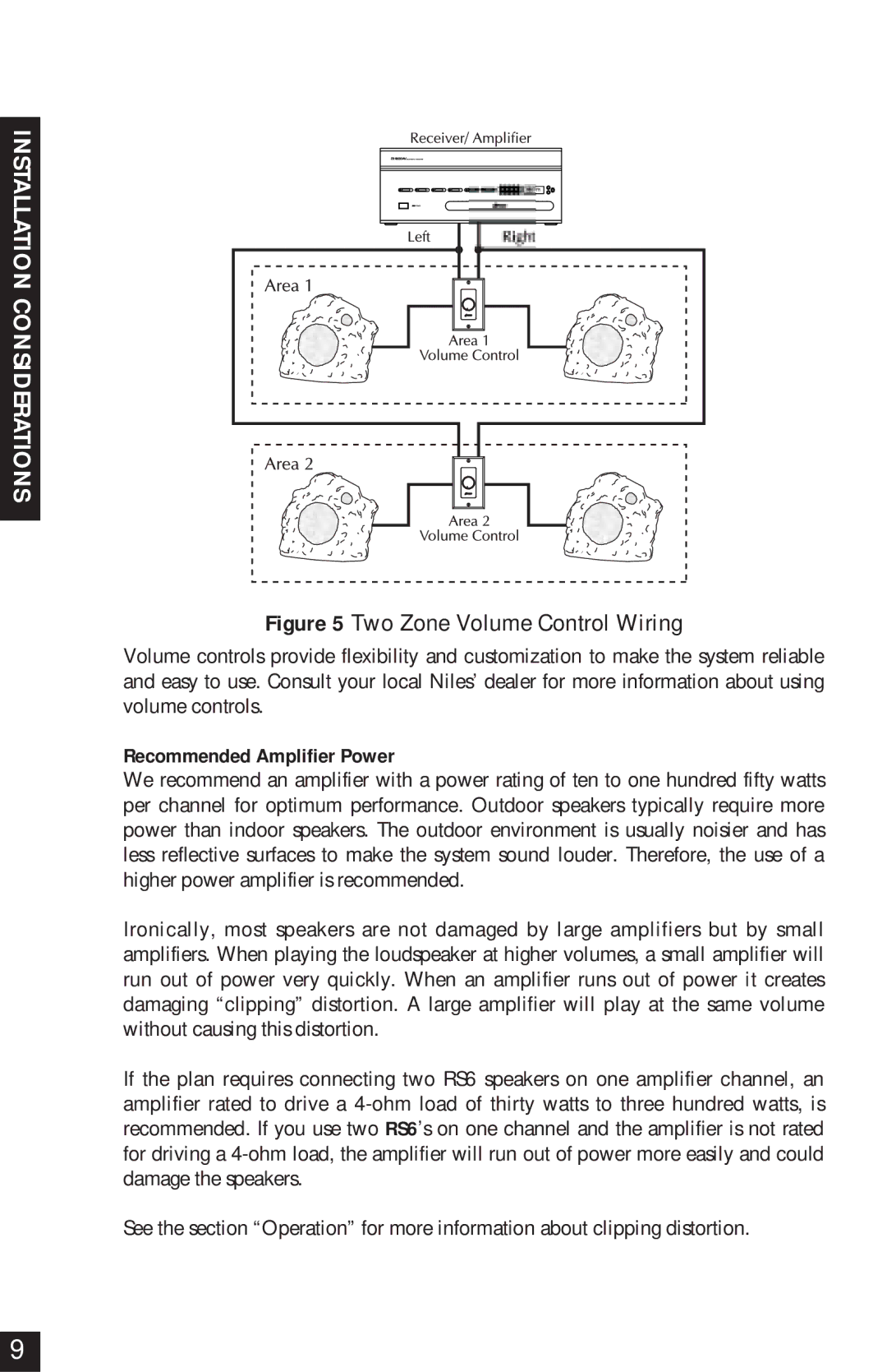 Niles Audio RS6 Series manual Two Zone Volume Control Wiring, Recommended Amplifier Power 