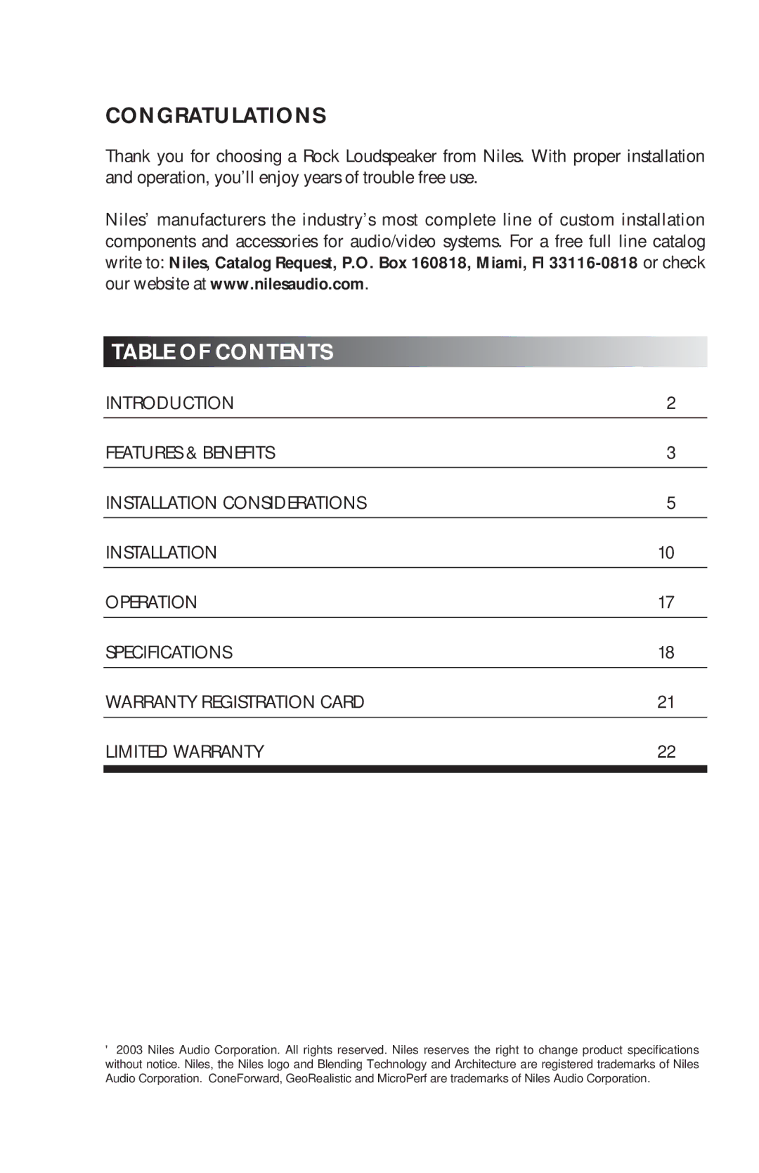 Niles Audio RS6 Series manual Congratulations, Table of Contents 