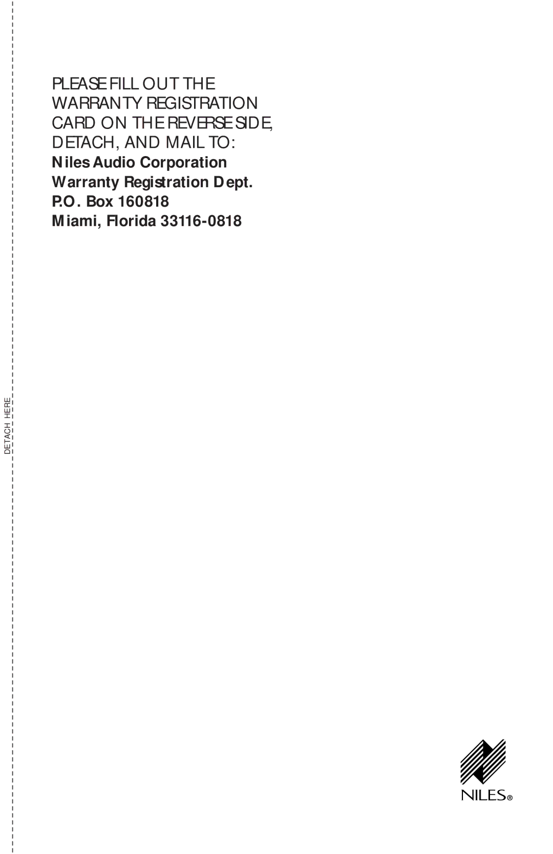 Niles Audio RS6 Series manual Detach Here 