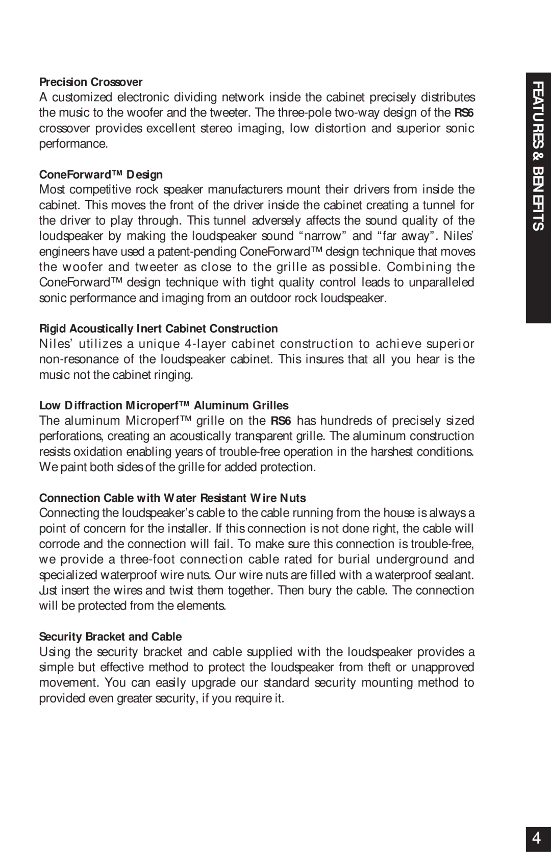 Niles Audio RS6 Series manual Precision Crossover, ConeForward Design, Rigid Acoustically Inert Cabinet Construction 