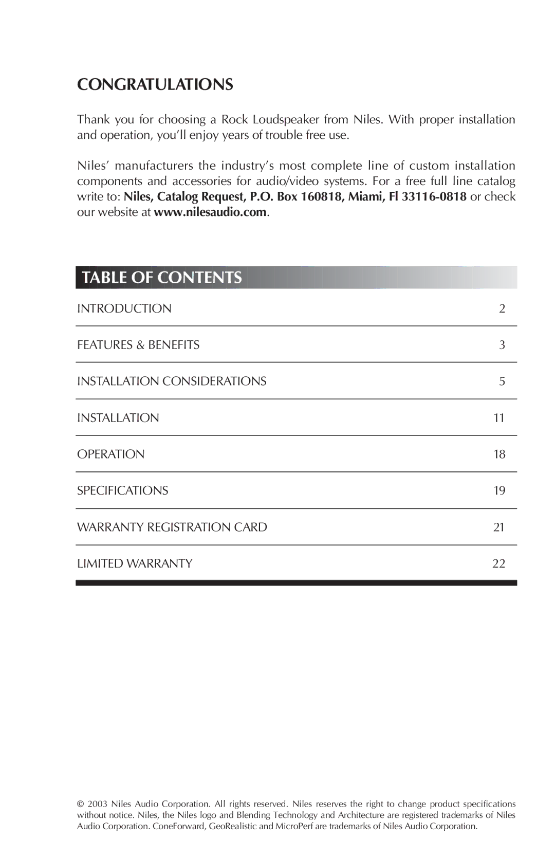 Niles Audio RS8Si Granite, RS8Si Sandstone manual Congratulations, Table of Contents 