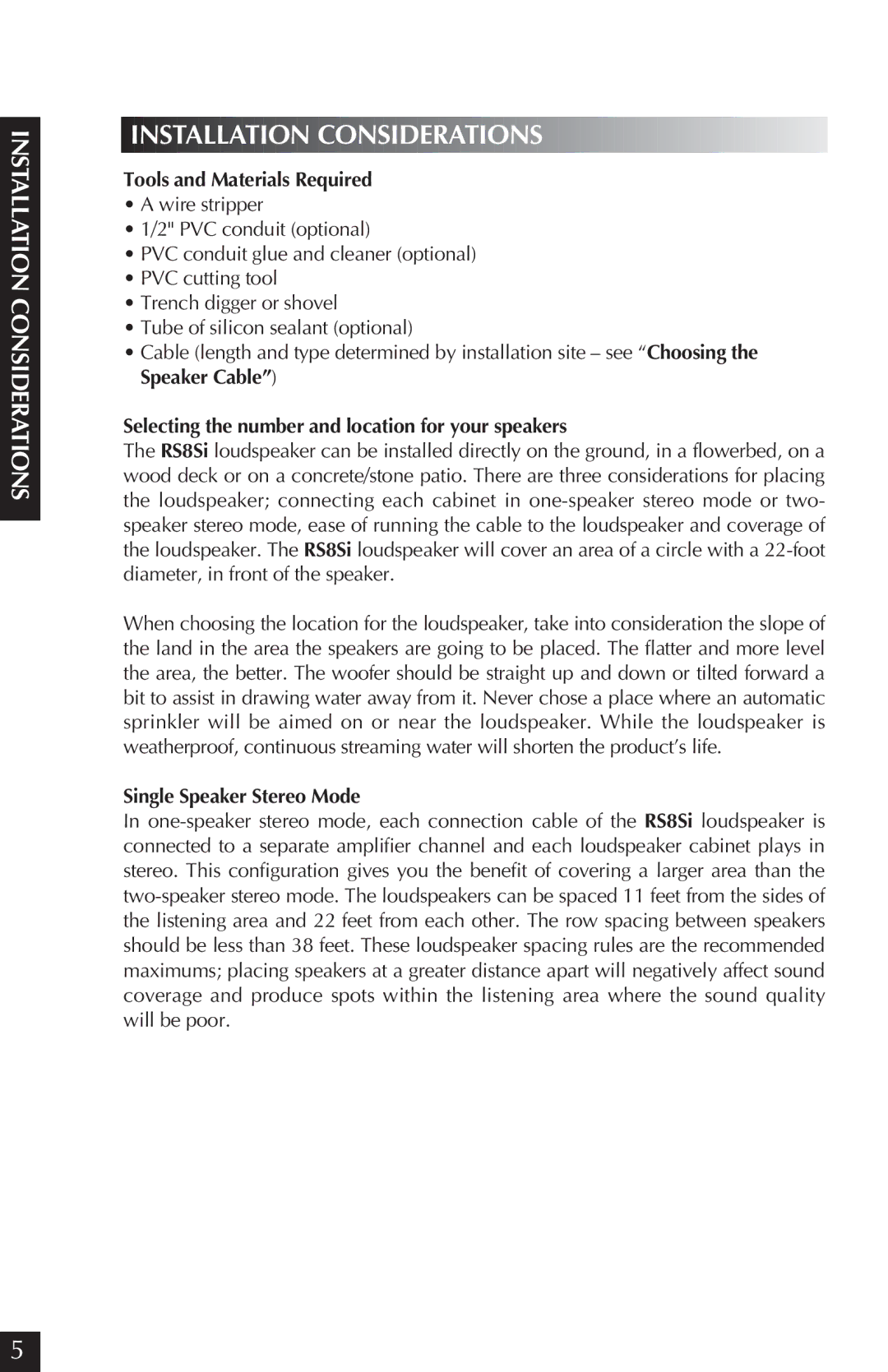 Niles Audio RS8Si Granite manual Installation Considerations, Tools and Materials Required, Single Speaker Stereo Mode 