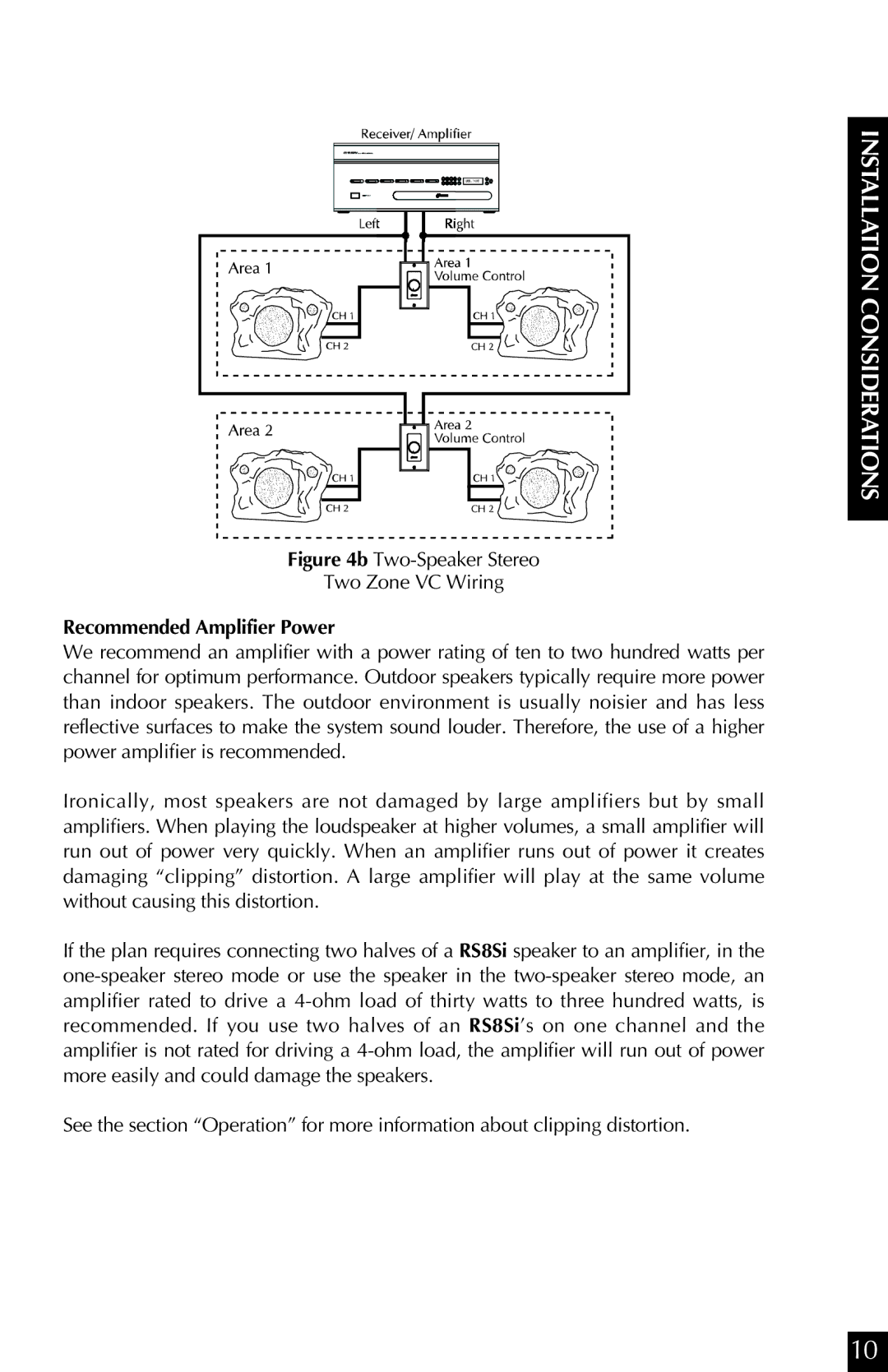 Niles Audio CORAL RS8SI, SANDSTONE RS8SI, GRANITE RS8SI Two-Speaker Stereo Two Zone VC Wiring, Recommended Amplifier Power 