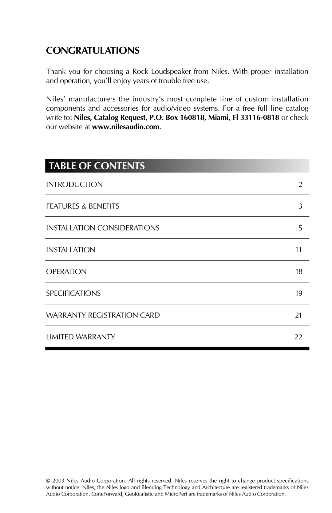 Niles Audio CORAL RS8SI, SANDSTONE RS8SI, GRANITE RS8SI manual Table of Contents 