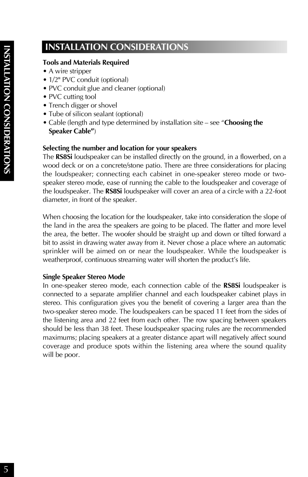 Niles Audio SANDSTONE RS8SI manual Installation Considerations, Tools and Materials Required, Single Speaker Stereo Mode 