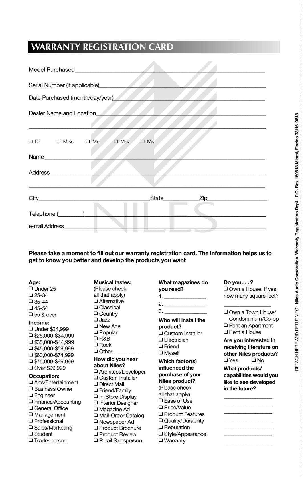 Niles Audio GRANITE RS8SI, SANDSTONE RS8SI, CORAL RS8SI manual Warranty Registration Card 