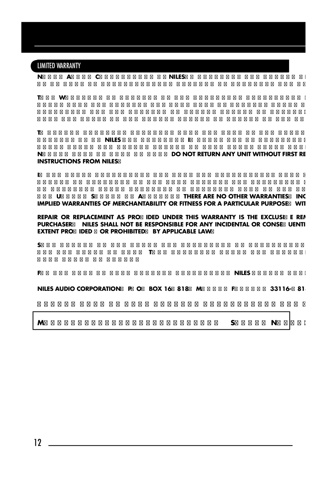 Niles Audio SAS-1 manual Limited Warranty 