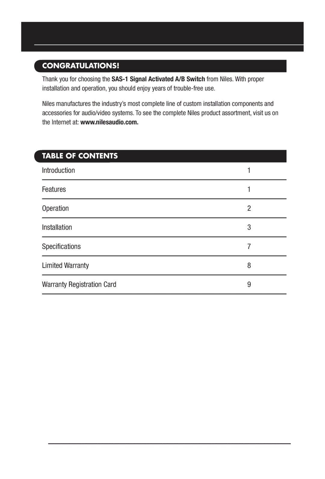 Niles Audio SAS-1 manual Congratulations, Table of Contents 