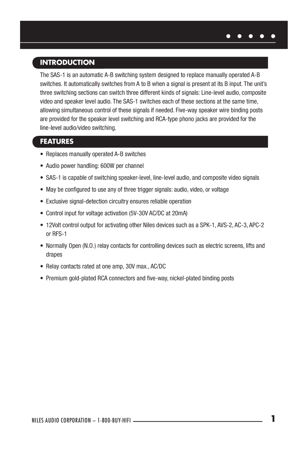 Niles Audio SAS-1 manual Introduction, Features 