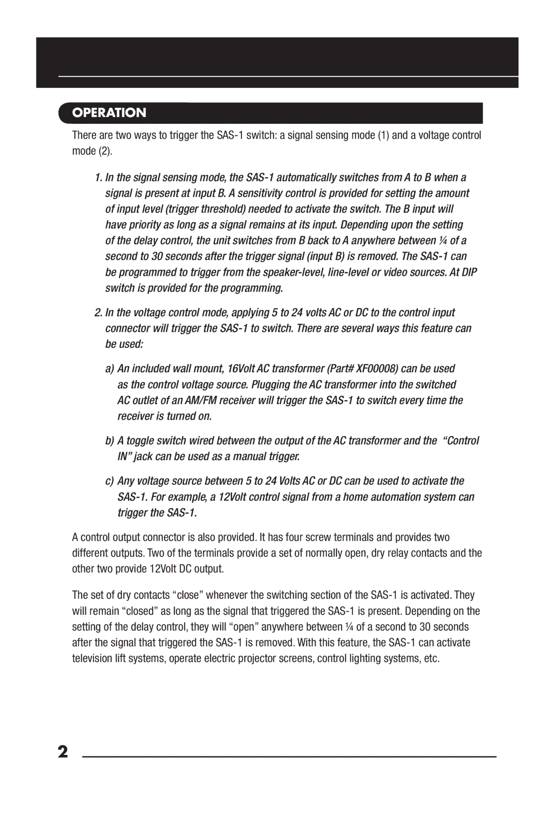 Niles Audio SAS-1 manual Operation 