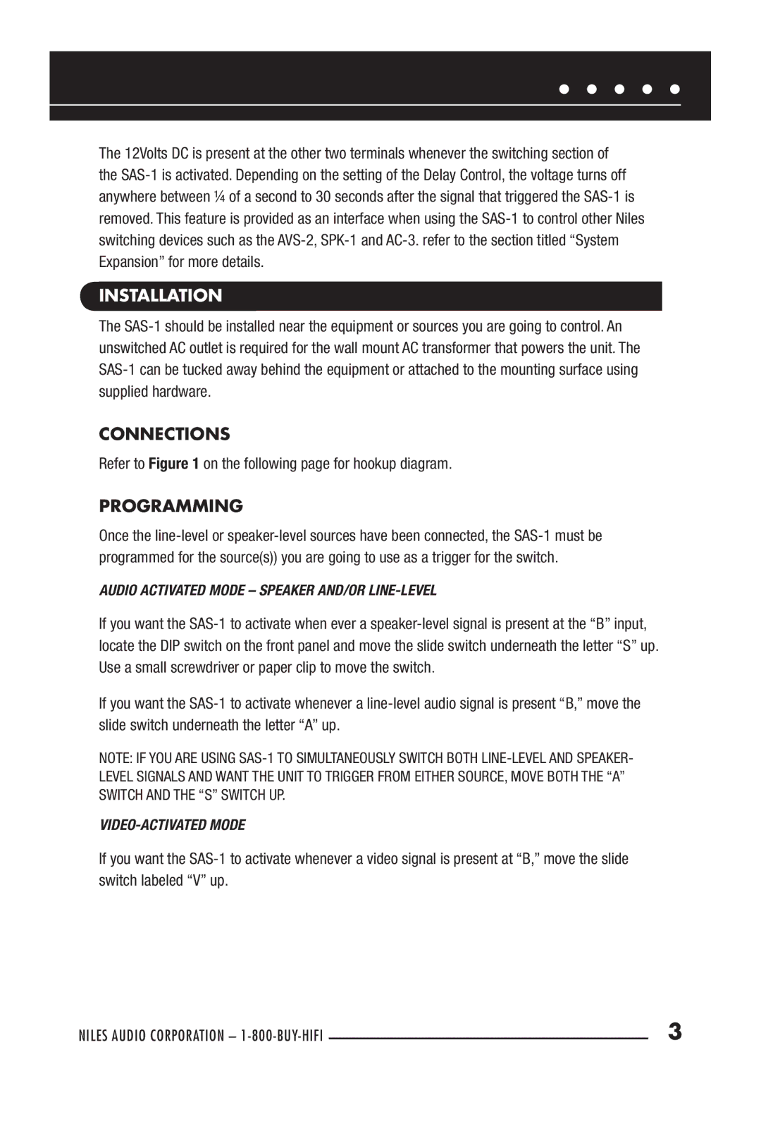 Niles Audio SAS-1 manual Installation, Programming 