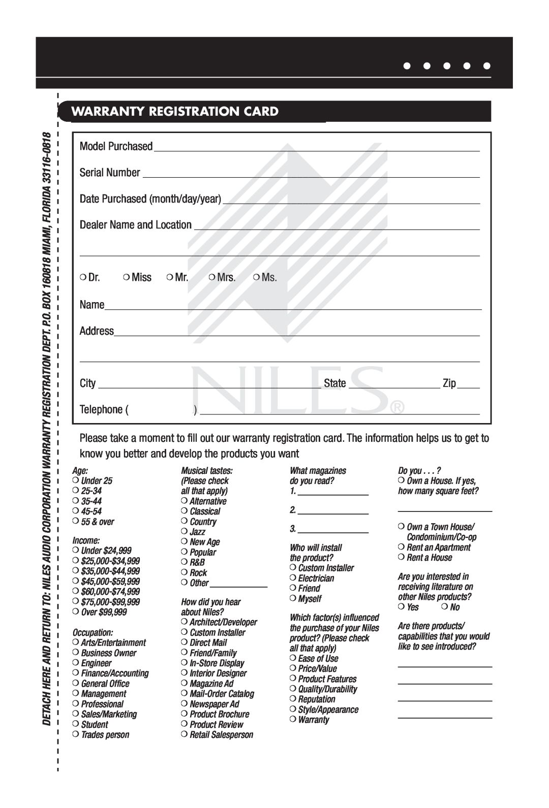 Niles Audio SAS-1 manual Warranty Registration Card, Dr. Miss Mr. Mrs. Ms, Telephone 