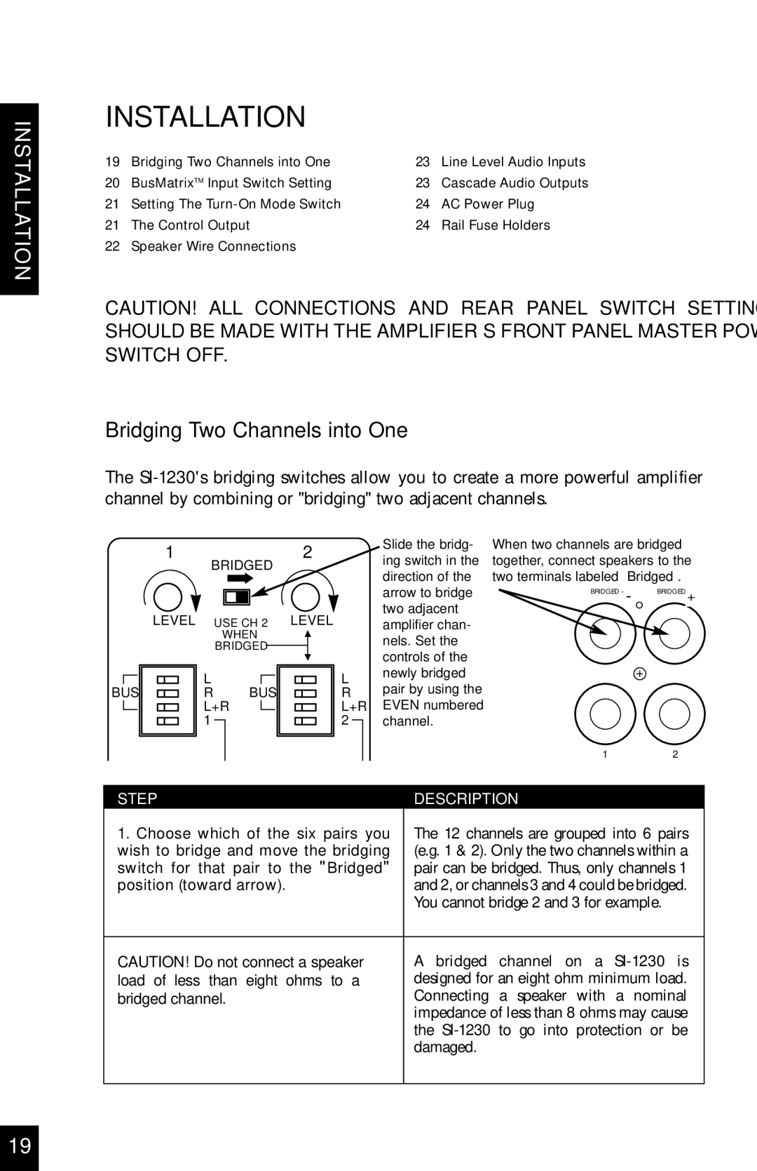 Niles Audio SI-1230 manual Installation, Bridging Two Channels into One 