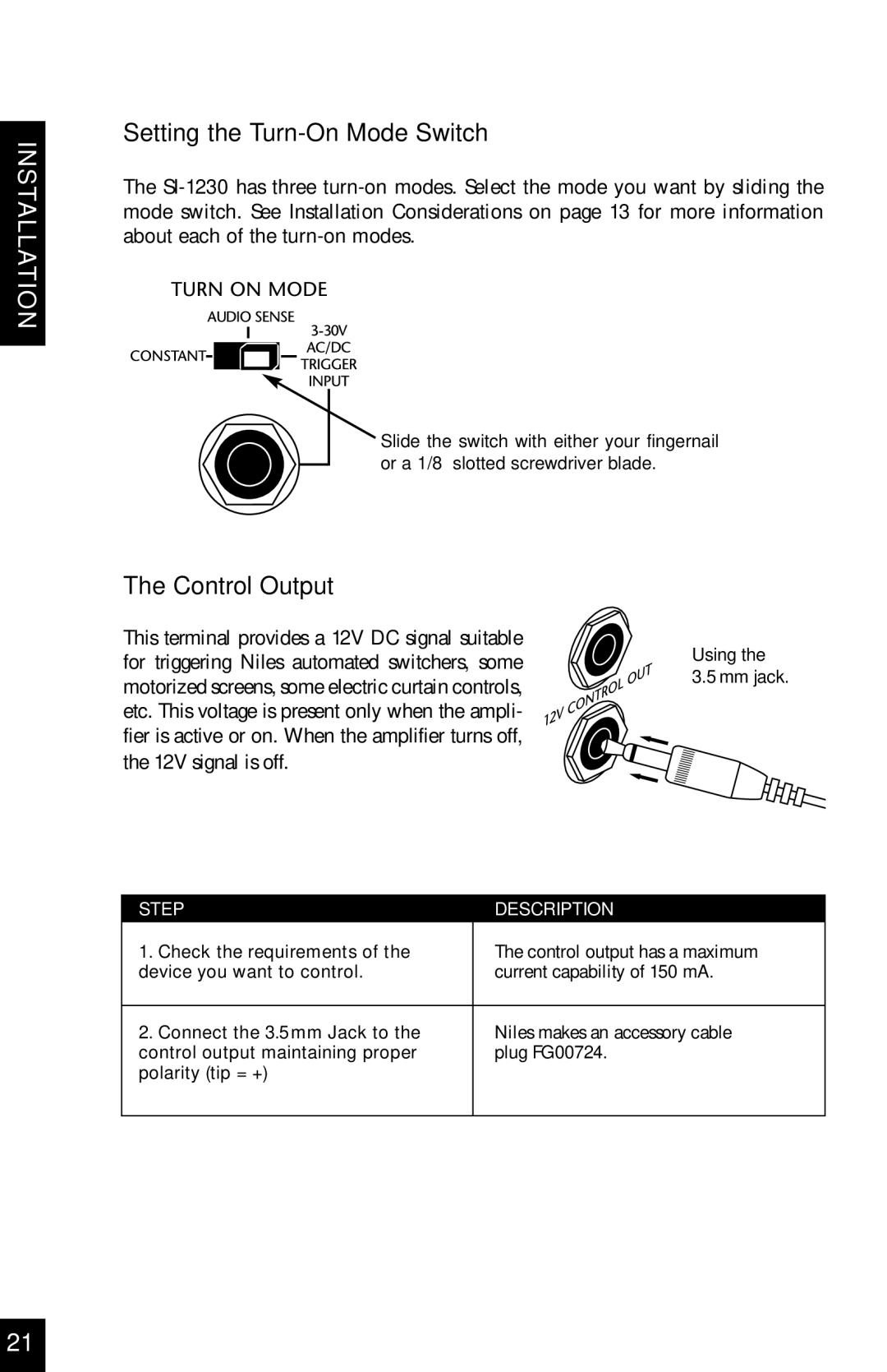 Niles Audio SI-1230 manual Setting the Turn-On Mode Switch, Control Output 