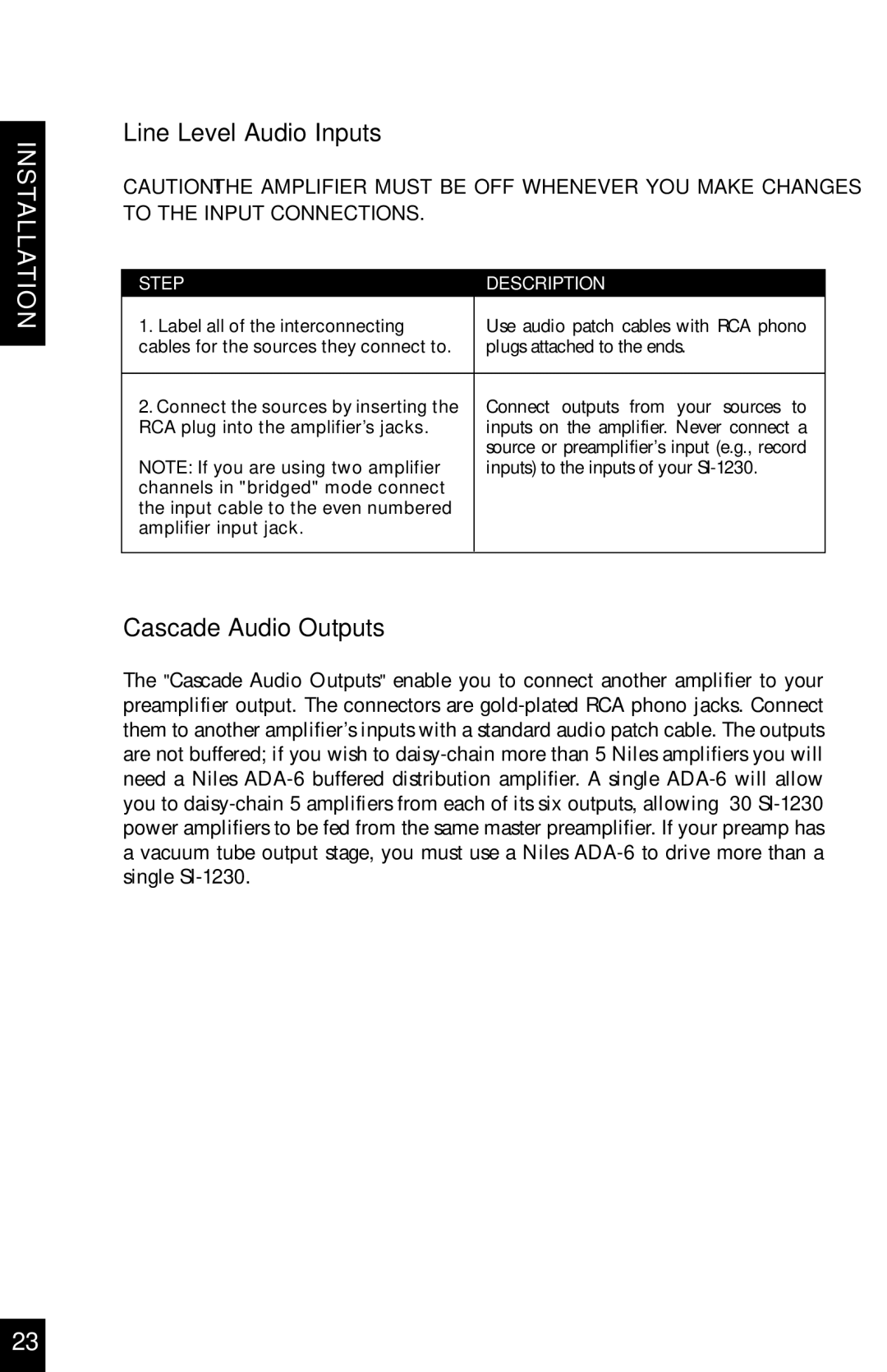 Niles Audio SI-1230 Line Level Audio Inputs, Cascade Audio Outputs, Label all of the interconnecting, Amplifier input jack 