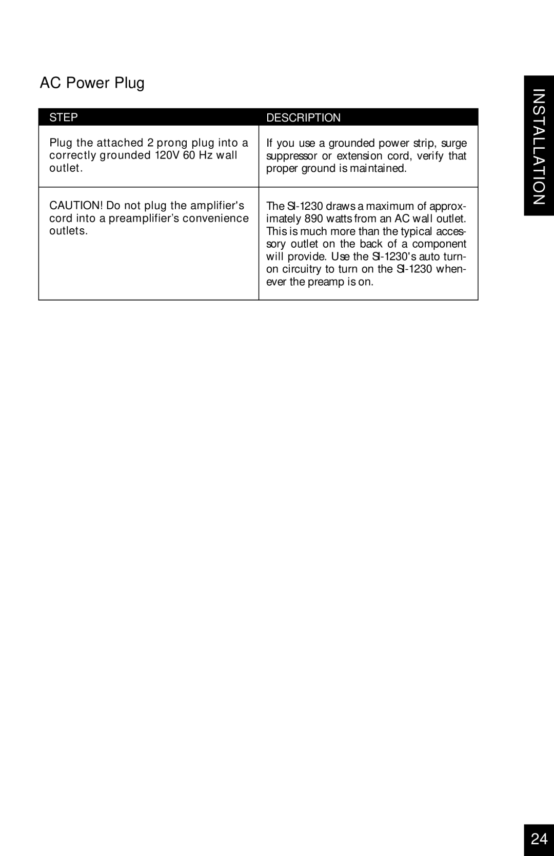 Niles Audio SI-1230 manual AC Power Plug, Correctly grounded 120V 60 Hz wall, Outlets 