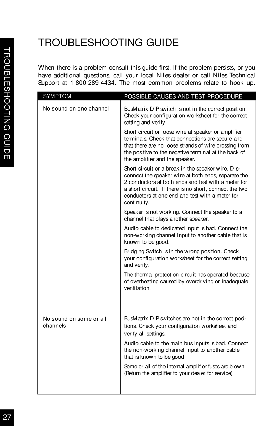 Niles Audio SI-1230 manual Troubleshooting Guide, No sound on one channel, No sound on some or all, Channels 