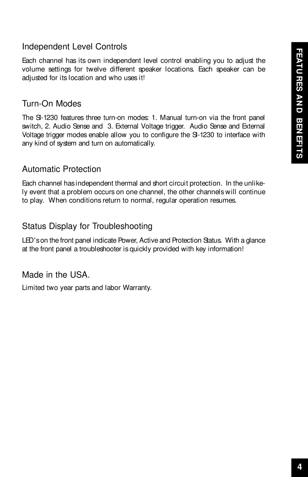 Niles Audio SI-1230 Independent Level Controls, Turn-On Modes, Automatic Protection, Status Display for Troubleshooting 