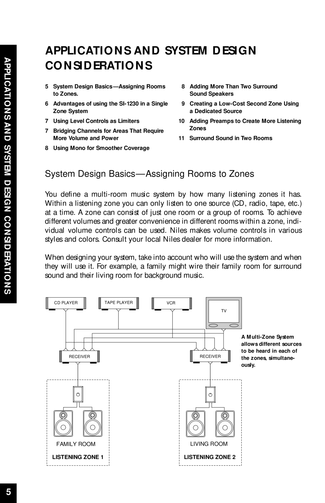 Niles Audio SI-1230 manual Applications and System Design Considerations, System Design Basics-Assigning Rooms to Zones 