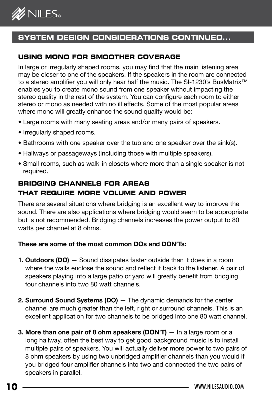 Niles Audio SI-1230 manual System Design Considerations, These are some of the most common DOs and DON’Ts 