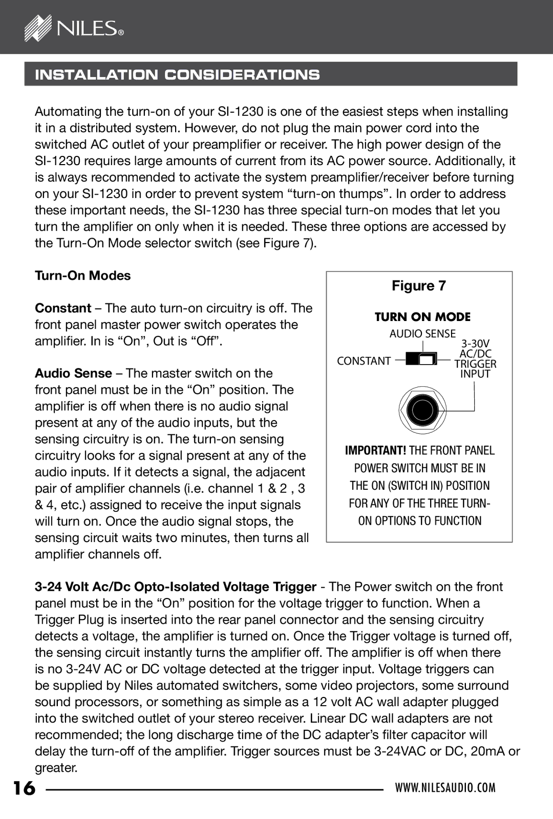 Niles Audio SI-1230 manual Installation Considerations, Turn-On Modes 