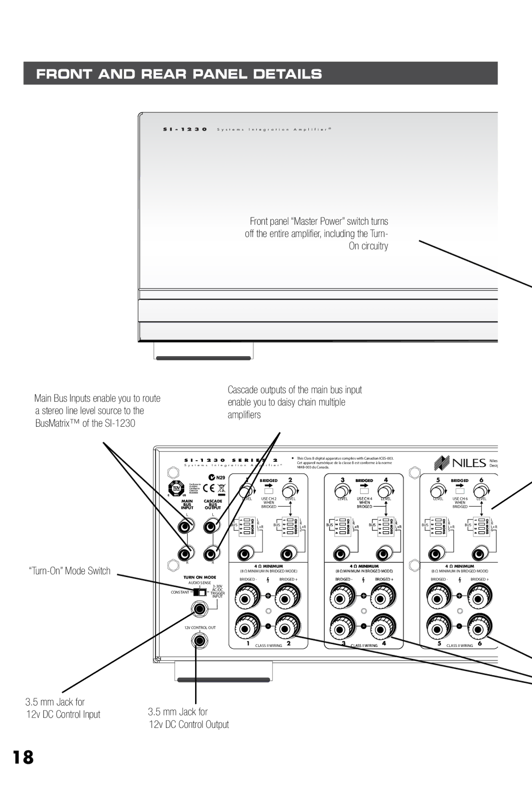 Niles Audio SI-1230 manual Front and Rear Panel Details, Mm Jack for 12v DC Control Output 