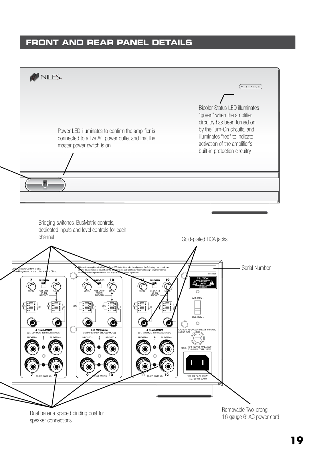 Niles Audio SI-1230 manual Gold-plated RCA jacks, Serial Number, Dual banana spaced binding post for, Speaker connections 