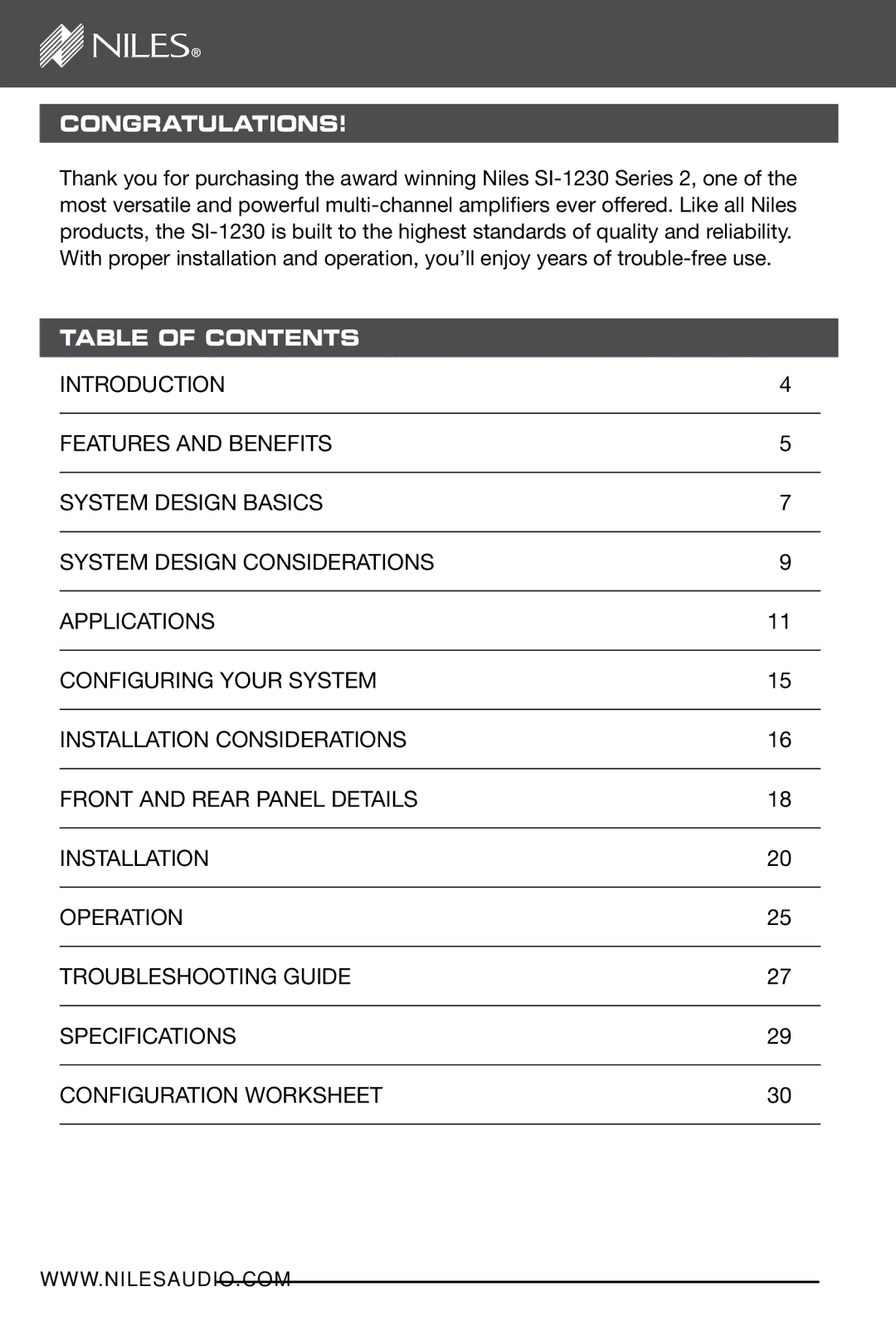 Niles Audio SI-1230 manual Congratulations, Table of Contents 