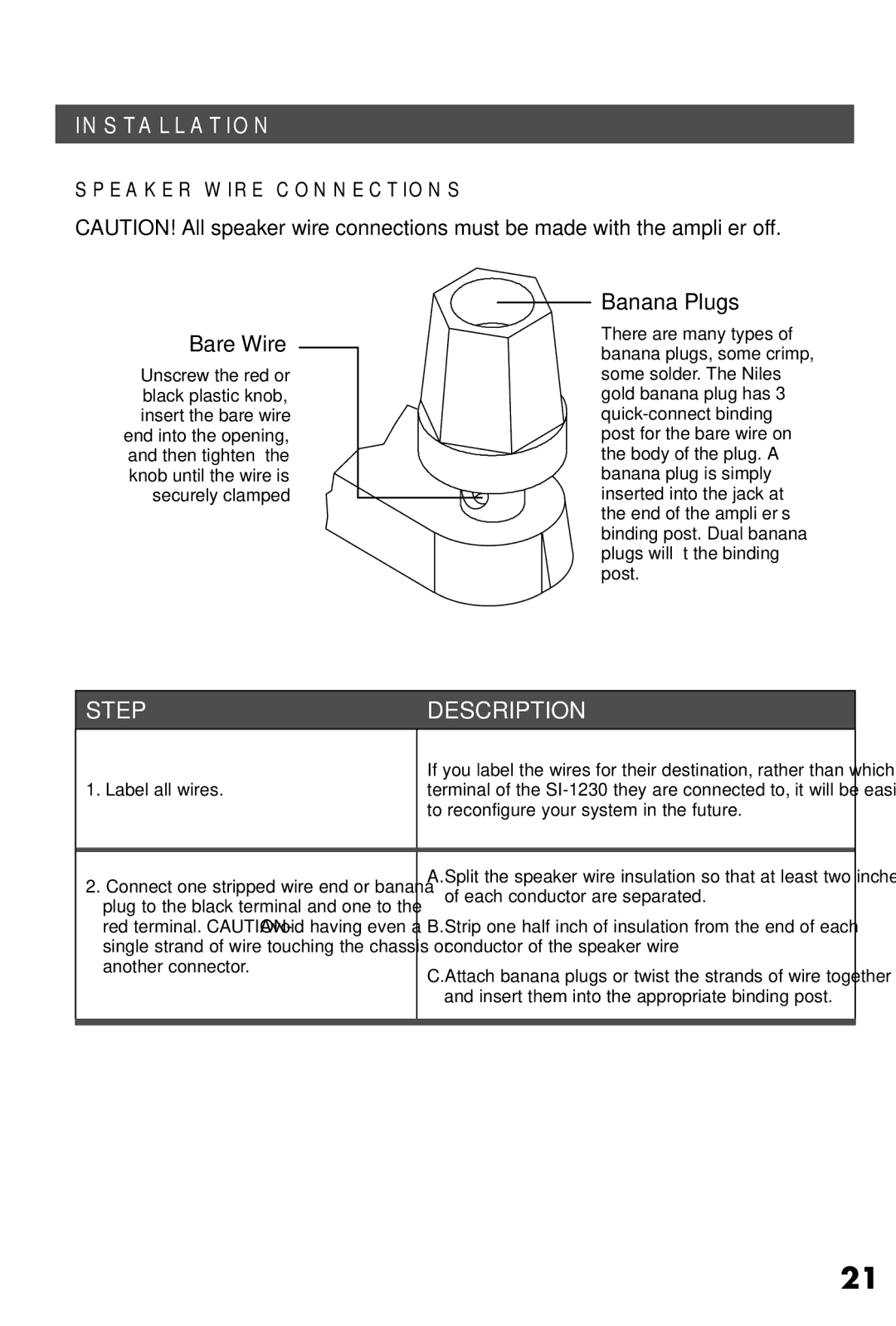Niles Audio SI-1230 manual Bare Wire, Banana Plugs, Label all wires 