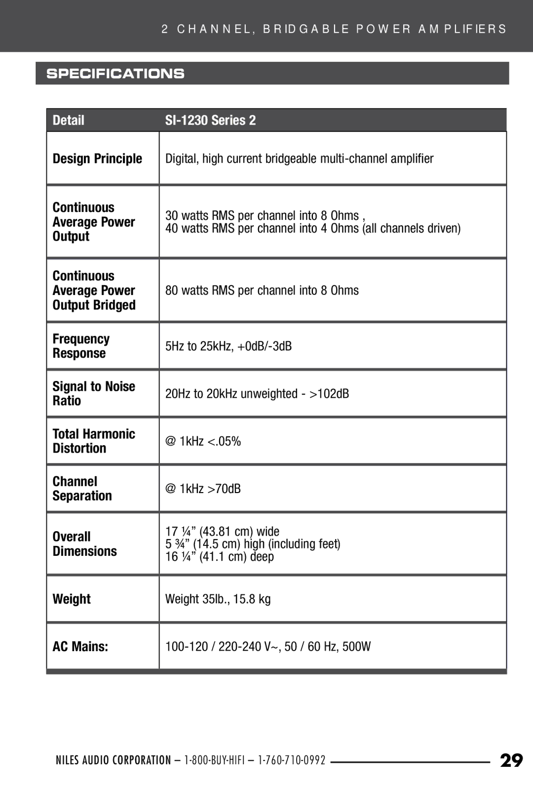 Niles Audio SI-1230 manual Detail, Specifications 