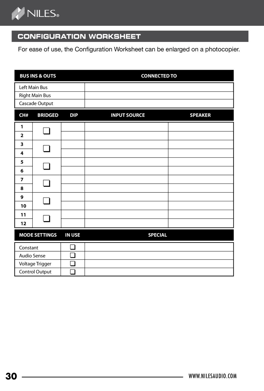 Niles Audio SI-1230 manual Configuration worksheet 