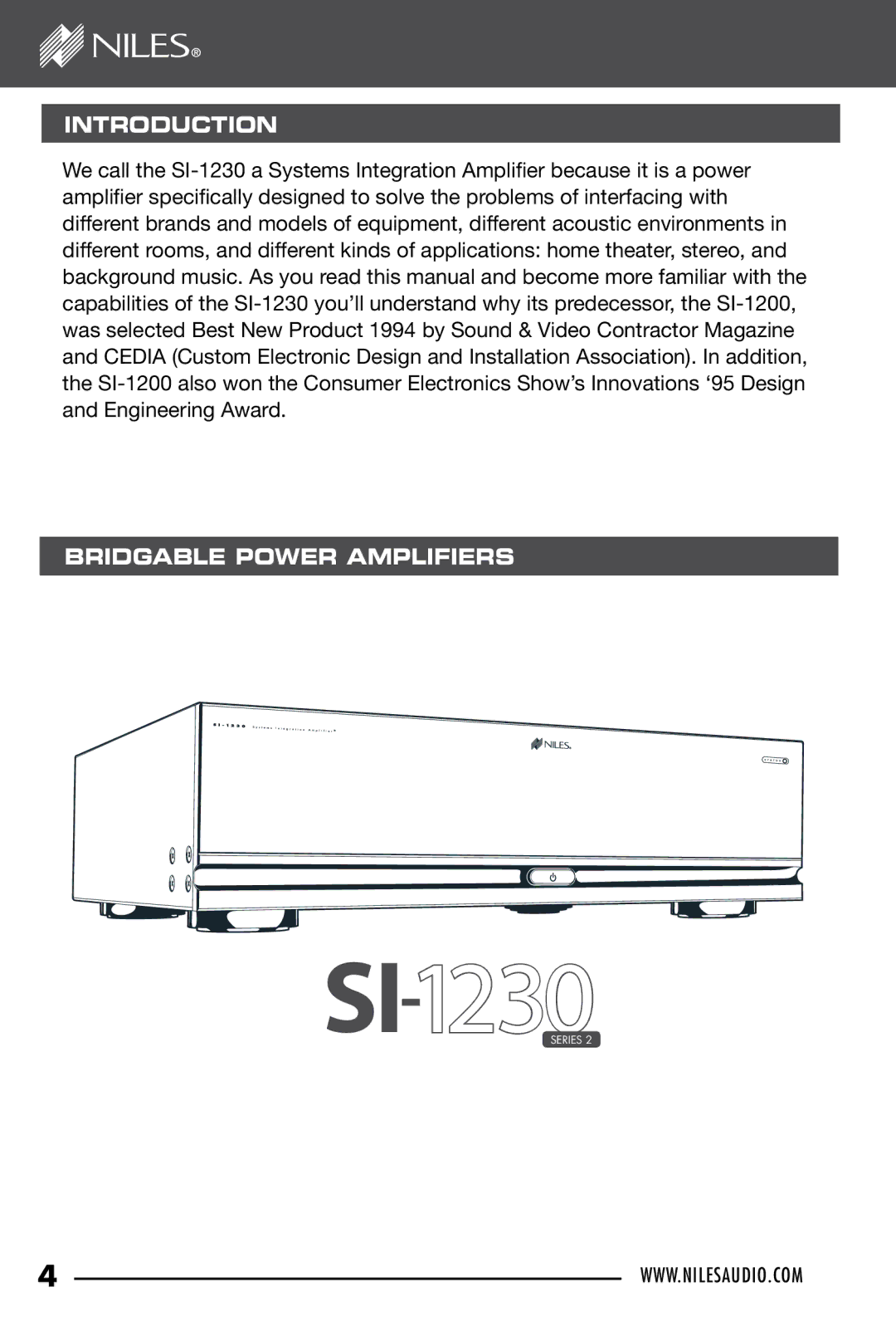 Niles Audio SI-1230 manual Introduction, Bridgable Power Amplifiers 