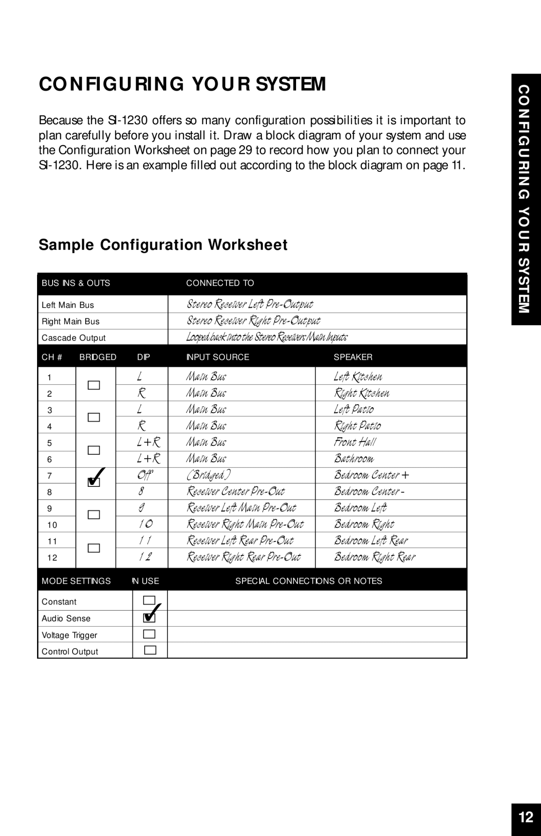 Niles Audio SI-1230 manual Configuring Your System, Sample Configuration Worksheet 