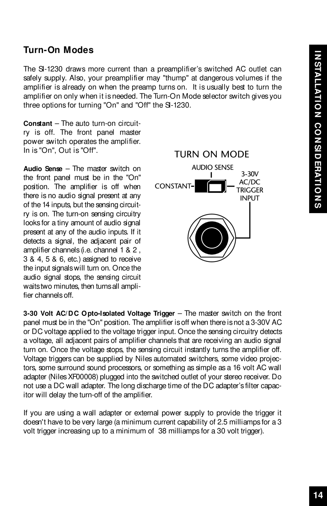Niles Audio SI-1230 manual Turn-OnModes, Installation Considerations 