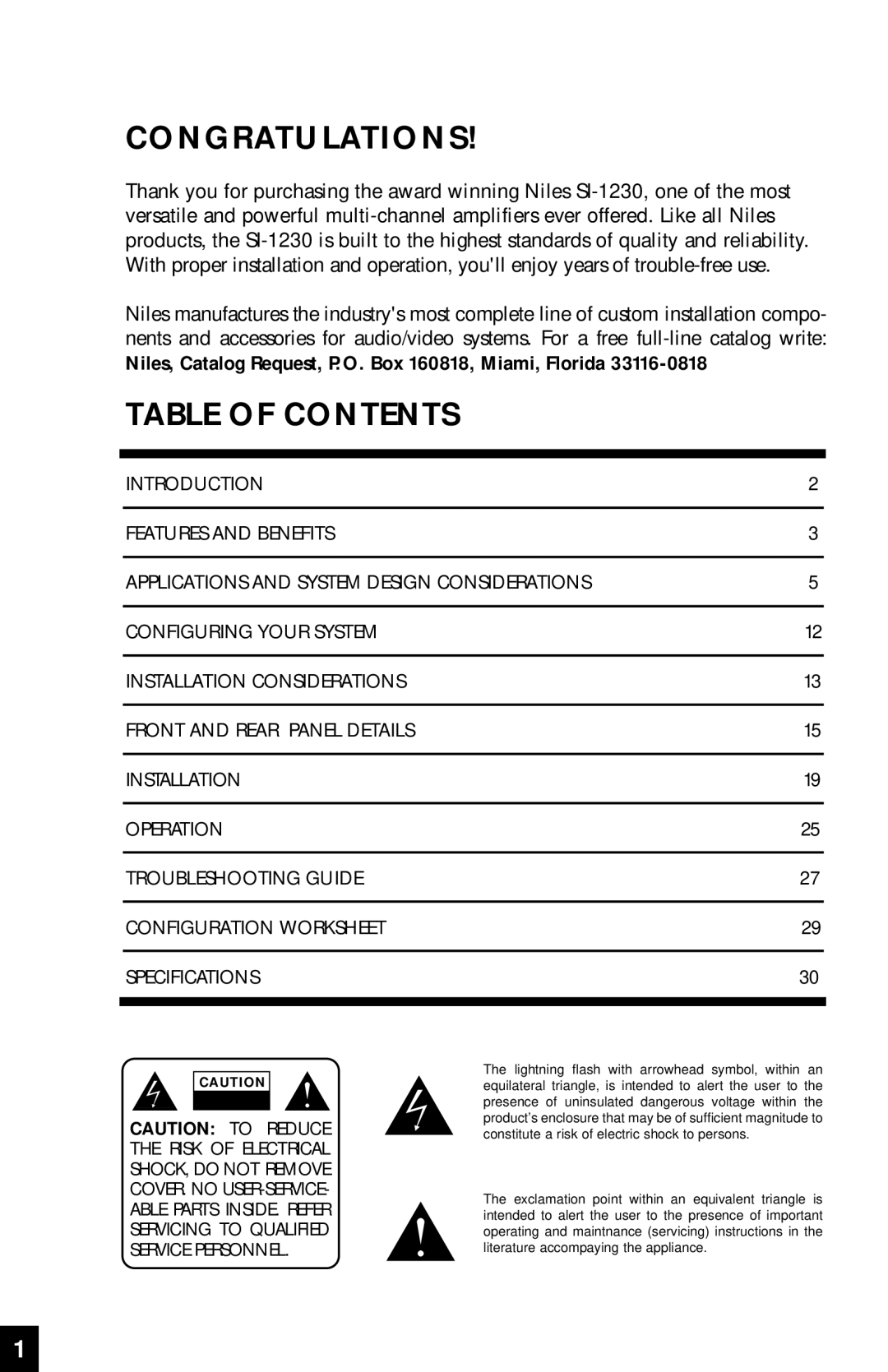 Niles Audio SI-1230 manual Congratulations, Table Of Contents 