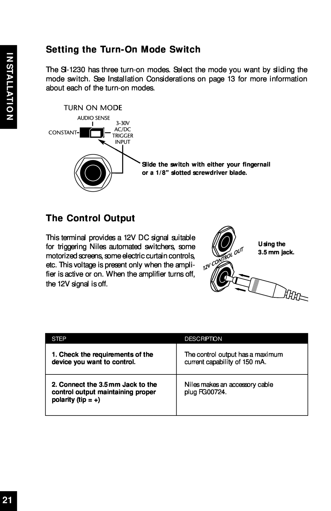 Niles Audio SI-1230 manual Setting the Turn-OnMode Switch, The Control Output, Installation, Step, Description 